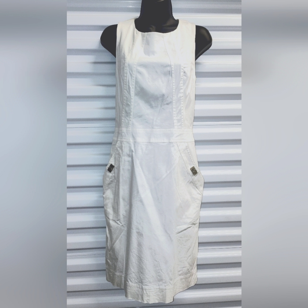 Calvin Klein Classic White Dress Midi W/Pockets & Silver Hardware